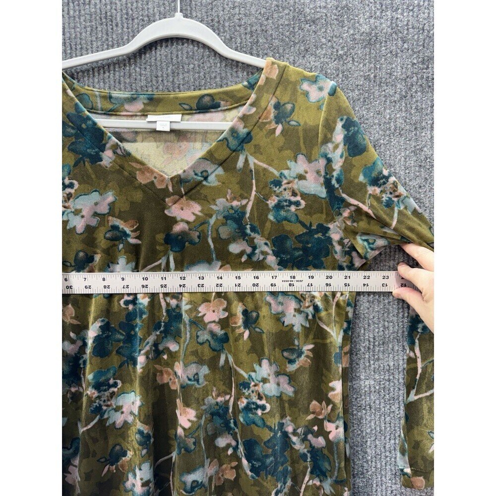 J. Jill Pure Jill Tunic Top Medium Green Floral Velour Velvet V Neck Long Sleeve - Picture 8 of 9